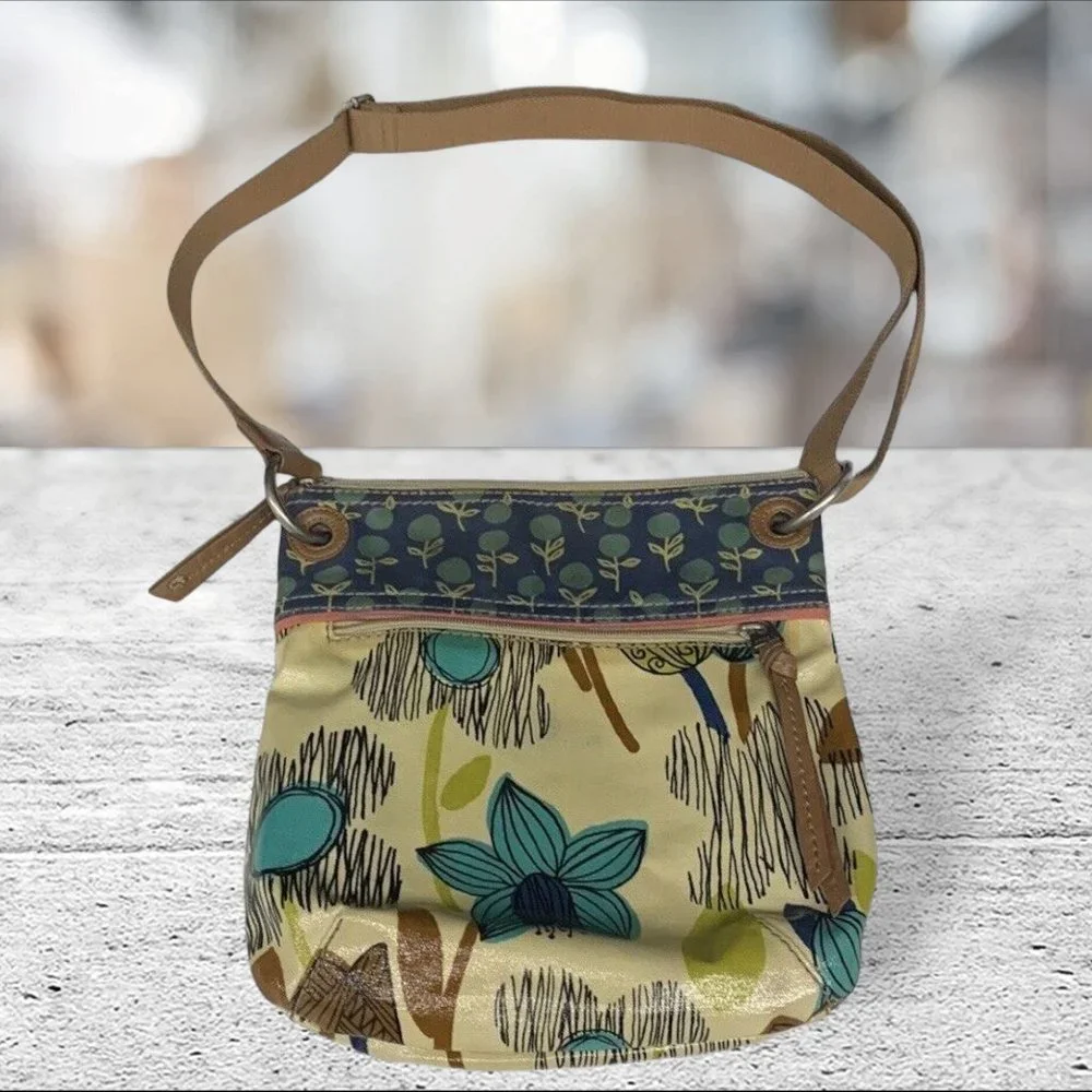 Fossil Key-Per Cross Body Bag Purse Hand Bag Floral Flowers Cream Blue Green